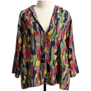 Transparente Italy 100% Linen Abstract Hooded Button Front Shirt Jacket Size 2 M